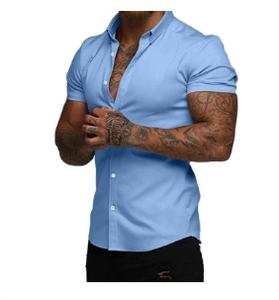 Close-up detail of light blue short sleeve slim fit shirt showing the collar and white buttons