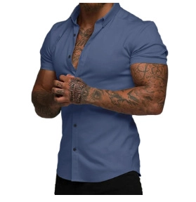 Detail of slim fit men's short sleeve shirt in grey blue with classic collar and black buttons