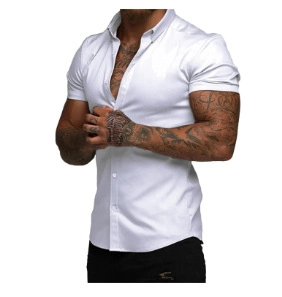 Detailed view of white short-sleeved slim-fit men's shirt with classic turn-down collar