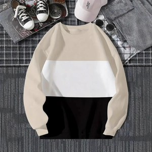 Sweat-shirt homme à col rond avec rayures bicolores et blocs beige blanc et noir stylé