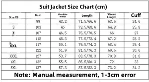 Detailed size chart for men's pinstripe blazer featuring measurements from XS to 5XL