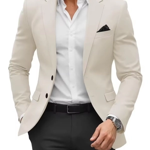 Slim fit men's beige two-button blazer with notch lapel and classic flap pockets