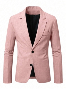 Detail of salmon pink slim fit blazer showing linen texture and two-button closure