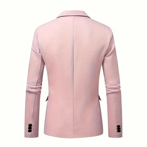 Slim fit pink men's single-button blazer back view with decorative cuff buttons
