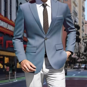 Detail of light blue single-button suit jacket with notch lapel and striped tie