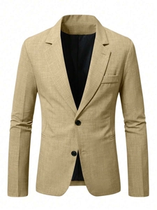 Detailed close-up of khaki slim fit blazer showing notch lapel and two-button closure