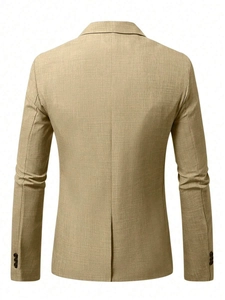 Rear view of slim fit blazer showing back slit and khaki linen texture detail