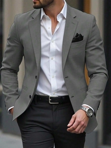 Close-up of men's grey slim fit blazer with textured fabric and leather belt detail