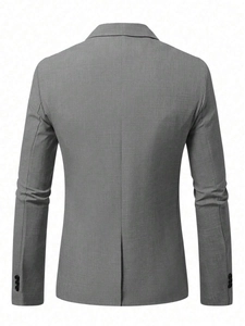 Slim fit grey men's blazer back view with single vent and three-button cuffs