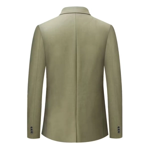 Back view of slim fit olive green men's blazer featuring center seam and sleeve buttons