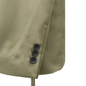 Detail of olive green slim fit blazer showing triple button cuff and twill fabric texture