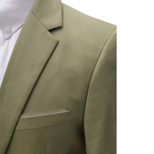 Close-up of sage green slim fit blazer showing lapel detail and premium fabric texture