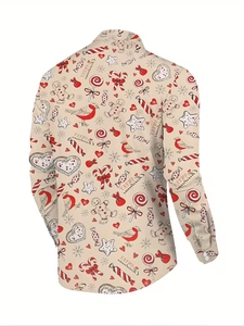 Vista posteriore della camicia natalizia beige a maniche lunghe con omini di pan di zenzero