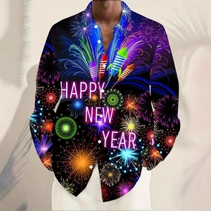 Dettaglio della stampa 3D con fuochi d'artificio e scritta Happy New Year sulla camicia