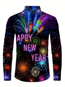 Dettaglio della stampa di fuochi d'artificio e Happy New Year su camicia da uomo