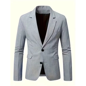 Detail of light blue slim fit blazer showing breathable cross-weave fabric texture