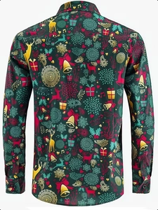 Dettaglio dei motivi natalizi sul retro di una camicia verde festiva dalla vestibilità slim