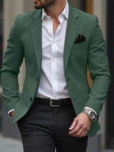Detail of slim fit casual men's blazer in vintage dark green with two buttons and pocket square