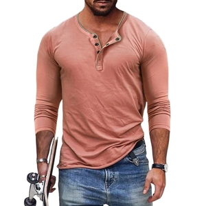 Polo manches longues pour hommes rose corail avec imprimé 3D à carreaux et col Henley