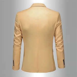 Rear view of slim fit light khaki blazer showing back tailoring and sleeve buttons