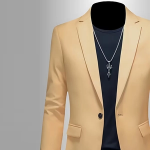 Detail of single-breasted khaki blazer featuring notched lapels and flap pockets for men