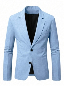 Detailed close-up of light blue slim fit blazer showing two-button design and linen texture