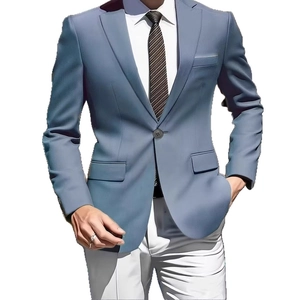 Slim fit light blue single-breasted blazer for men with notch lapels and flap pockets