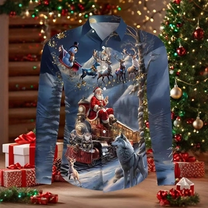 Dettaglio della stampa 3D con Babbo Natale su treno a vapore e lupo sulla camicia casual