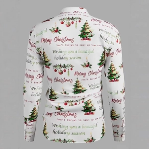 Vista posteriore di camicia a maniche lunghe con stampa 3D di alberi di Natale e candele