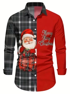 Dettaglio camicia da uomo con stampa Babbo Natale e scritta Merry Merry