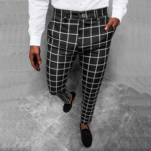 Men's Fashion Plaid Print Casual Trousers Slim Fit Straight Leg Polyester Business Work Pants For Male Daily Wear