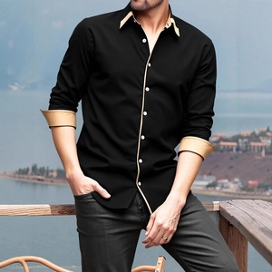Men's slim-fit long sleeve business casual shirt in black with gold contrast collar and cuffs
