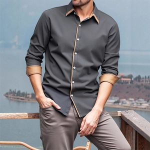 Men's dark grey business casual long sleeve shirt with contrast khaki拼接 detailing