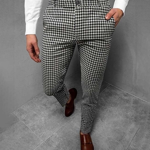 Men's slim-fit plaid leisure trousers with black and white checkered pattern and belt loops