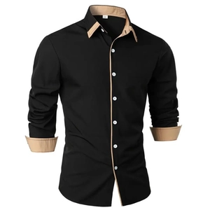 Men's slim fit black business shirt with khaki contrast trim on cuffs and collar
