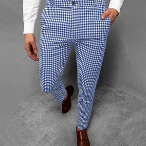 Men's slim fit blue and white gingham plaid casual trousers for business look
