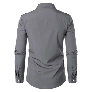 Detail view of men's slim fit long sleeve shirt back showing gray textured fabric