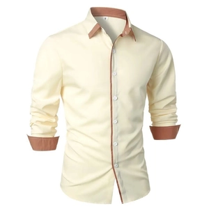 Detail of slim-fit shirt collar and button placket with brown contrast stitching