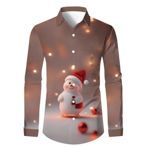 Camicia da uomo slim fit a maniche lunghe con stampa 3D pupazzo di neve e motivi festivi