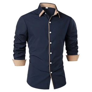 Detail of navy men's shirt showing khaki contrast lining on the collar and button placket