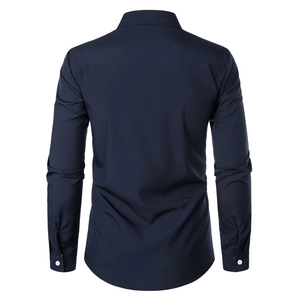 Detailed back view of a slim-fit navy blue men's long-sleeve business casual shirt