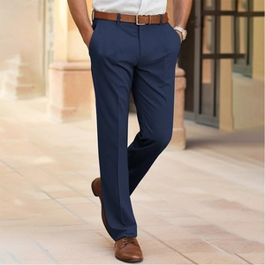 Detailed view of men's slim fit navy blue plaid dress pants with a professional crease