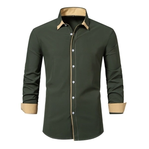 Detail of dark green business shirt featuring khaki contrast collar and white stitching