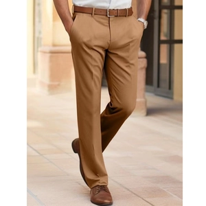 Detailed shot of khaki brown plaid formal trousers featuring sharp creases and straight cut