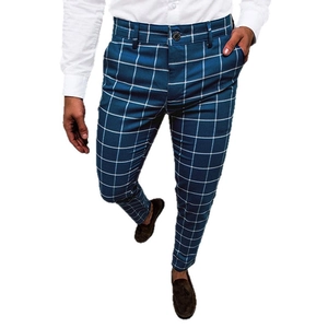 Men's slim-fit navy blue plaid trousers with white checkered pattern and button closure
