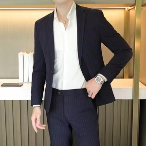 Slim fit navy blue pinstripe single-breasted men's suit with notch lapel and white shirt
