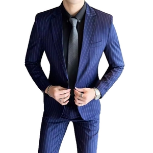 Slim fit navy blue pinstripe men's suit jacket with notch lapel and matching trousers
