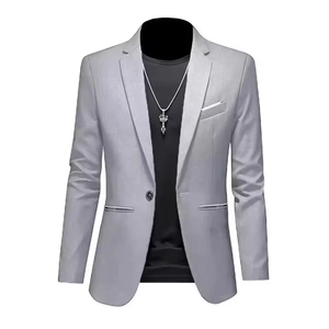 Slim fit light gray single-breasted men's casual blazer jacket with a clean lapel design