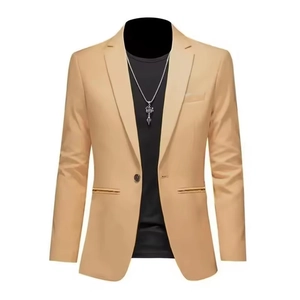 Slim fit men's striped plaid blazer jacket in beige featuring single breasted button design