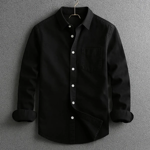Men Casual Business Long Sleeve Shirt Solid Color Turn Down Collar Loose Fit Button Up Top Breathable Male Shirt with Pocket